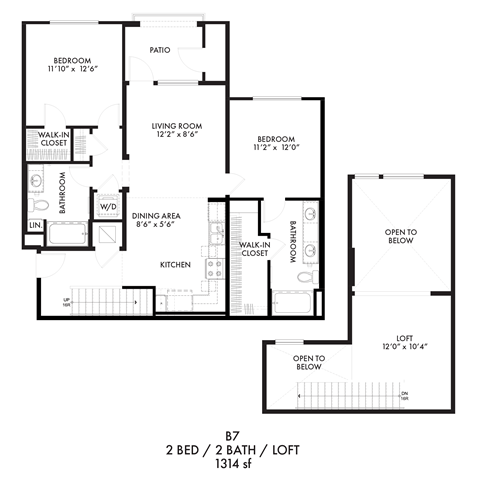 Floor plan for 2 beds, 2 baths, 1314 sqft